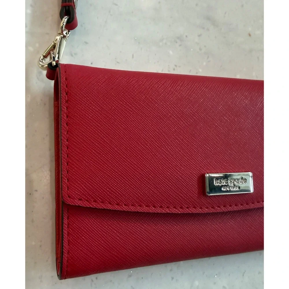 Kate Spade New York Red Saffiano Leather Wristlet Wallet Snap Closure